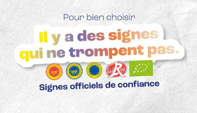 Bloc-marque de la campagne de communication "Il y a des signes qui ne trompent pas / Signes officiels de confiance"