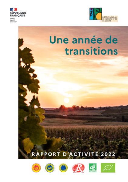 Couverture du rapport d'activité 2022 de l'INAO - Visuel : Armagnac AOC / Floc de Gascogne AOP ©Qualité Landes